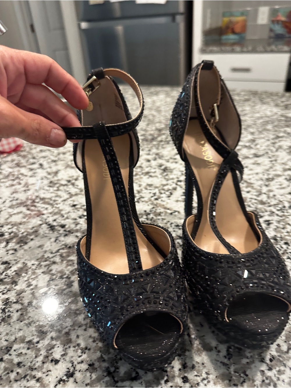 BCBG Black T-Strap Peep-Toe Platform Heels with Crystal Accents
